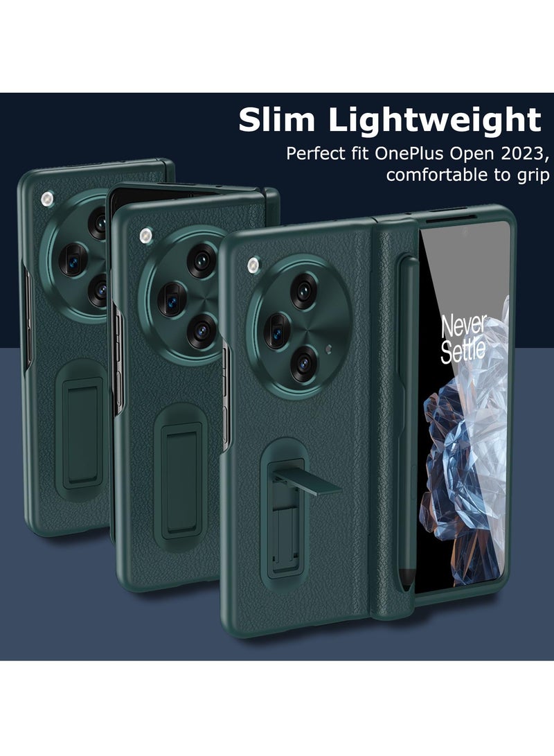 OnePlus Open 2023 Case with Stylus Holder, PU Leather, Hinge Protection, Built-in Screen Protector and Kickstand, Green