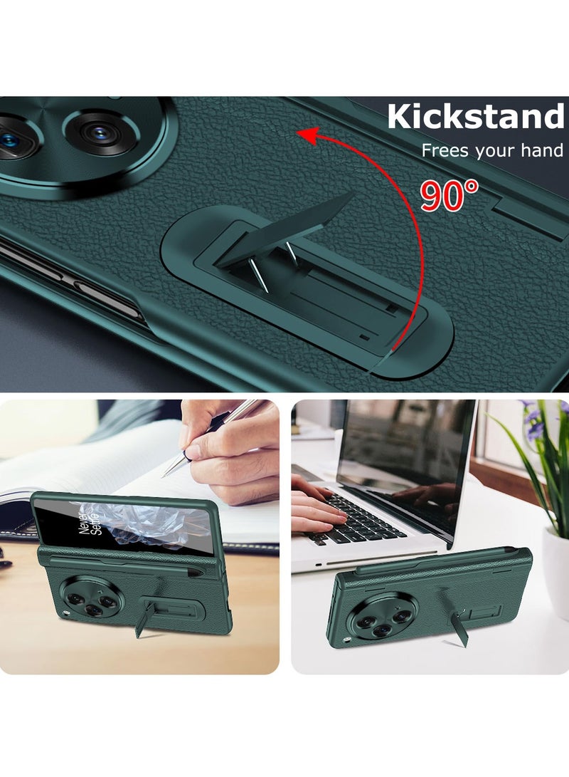 OnePlus Open 2023 Case with Stylus Holder, PU Leather, Hinge Protection, Built-in Screen Protector and Kickstand, Green