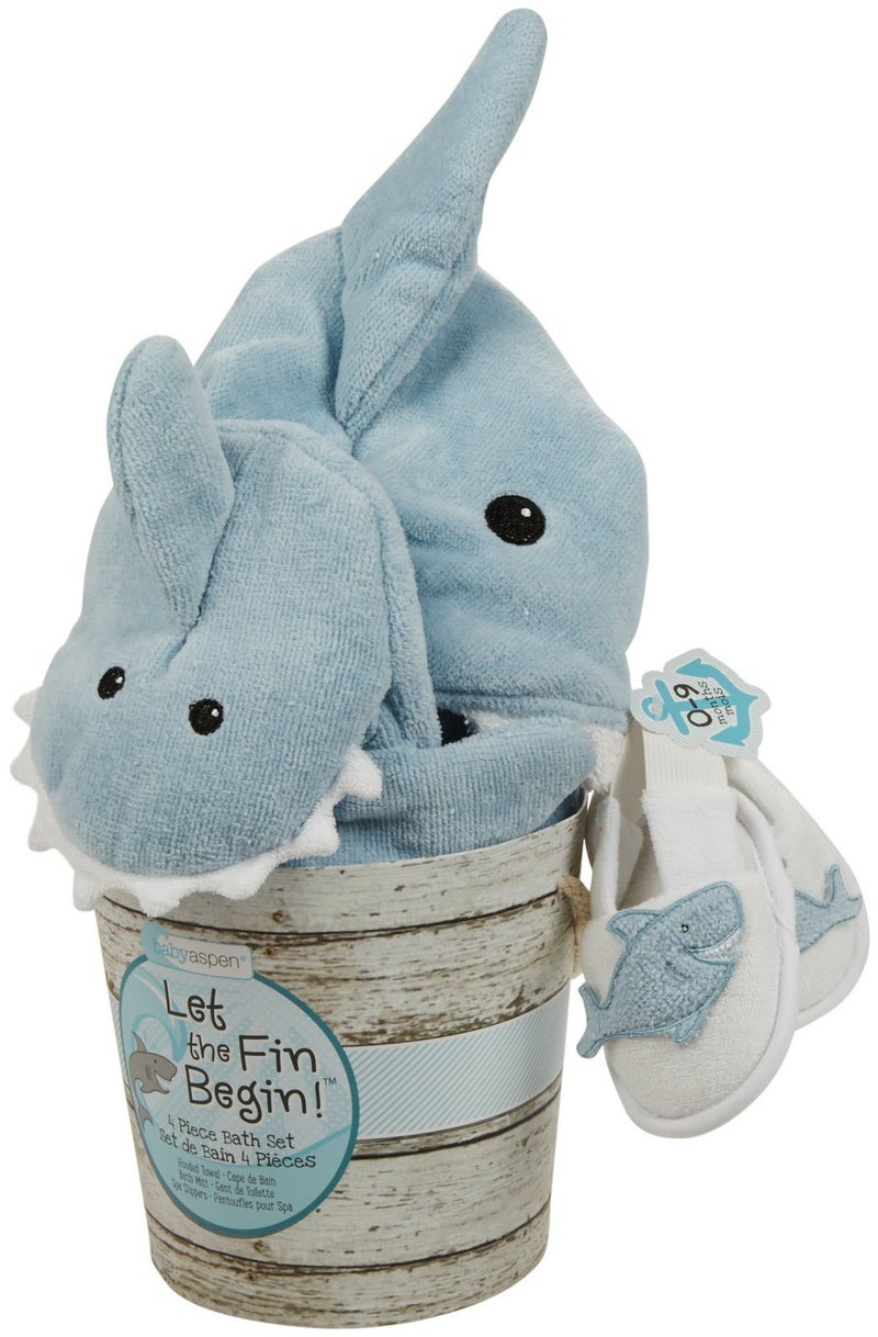 Baby Aspen Baby Shark 4-Piece Bath Set - Cotton Hooded Towel Bathrobe, Slippers & Bathing Mitt - Soft Beach Newborn Towels, Babies Bath Essentials, Newborn Baby Boy Gift, Shark-Themed Shower Gift - Image 3