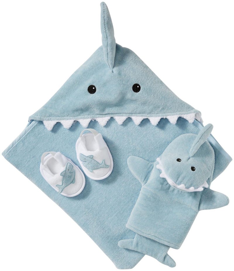 Baby Aspen Baby Shark 4-Piece Bath Set - Cotton Hooded Towel Bathrobe, Slippers & Bathing Mitt - Soft Beach Newborn Towels, Babies Bath Essentials, Newborn Baby Boy Gift, Shark-Themed Shower Gift - Image 1