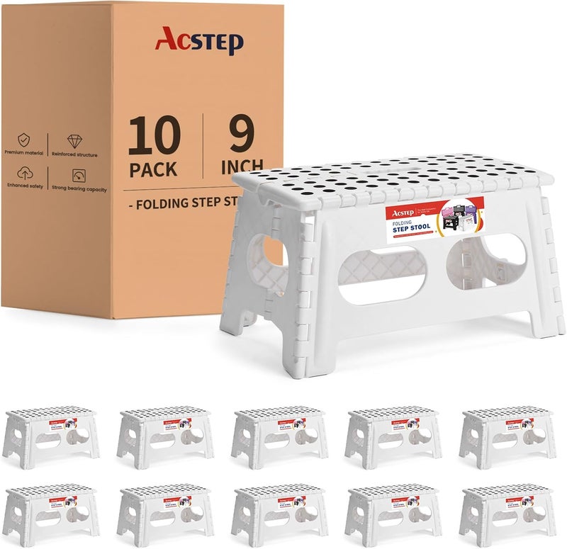 ACSTEP Folding Step Stool 9 Inch,15-Inch Extra Wide Heavy Duty Stepping Stool More Safe and Comfortable Non Slip Foldable Step Stool for Kids and Adults White, 10 Pack - Image 1