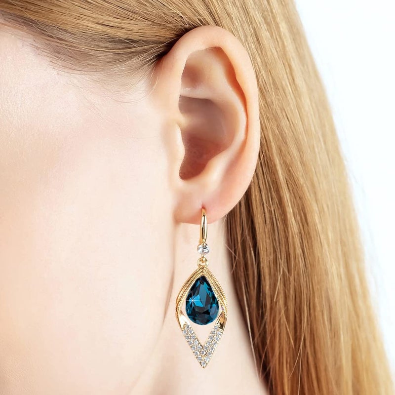 EVEVIC Austrian Crystal Teardrop Hollow Leaf Drop Dangle Earrings for Women 14K Rose Gold Plated Hypoallergenic Jewelry (Dark Blue) - Image 2