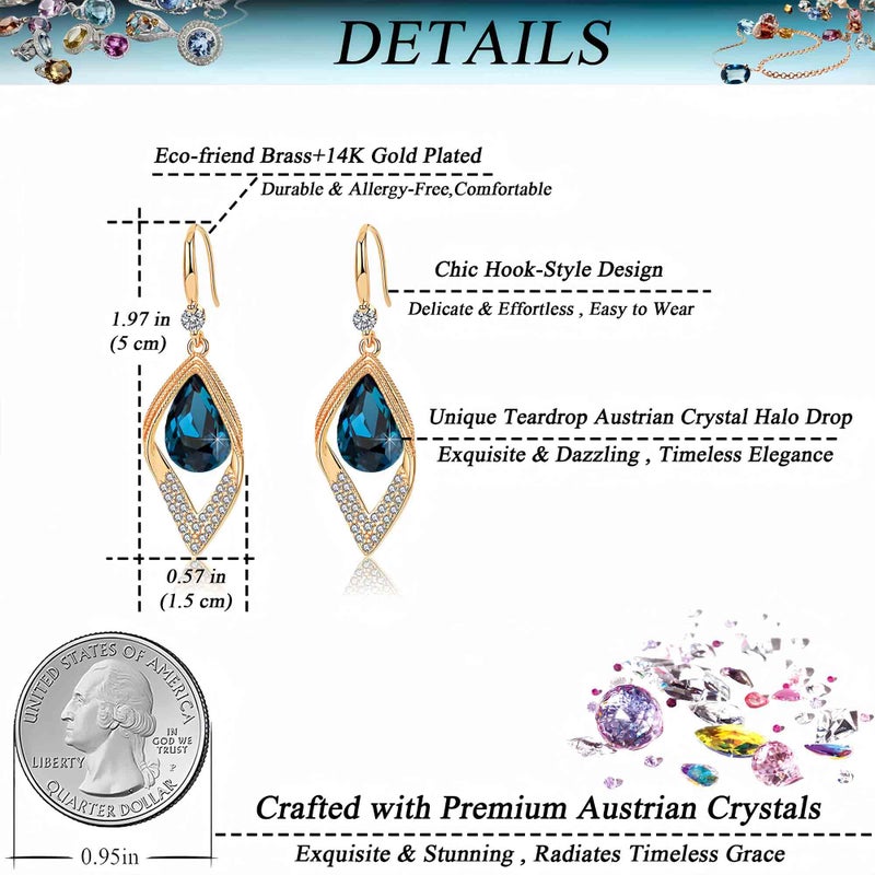 EVEVIC Austrian Crystal Teardrop Hollow Leaf Drop Dangle Earrings for Women 14K Rose Gold Plated Hypoallergenic Jewelry (Dark Blue) - Image 4