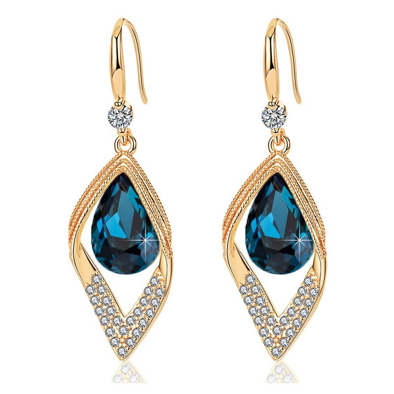EVEVIC Austrian Crystal Teardrop Hollow Leaf Drop Dangle Earrings for Women 14K Rose Gold Plated Hypoallergenic Jewelry (Dark Blue) - Image 1