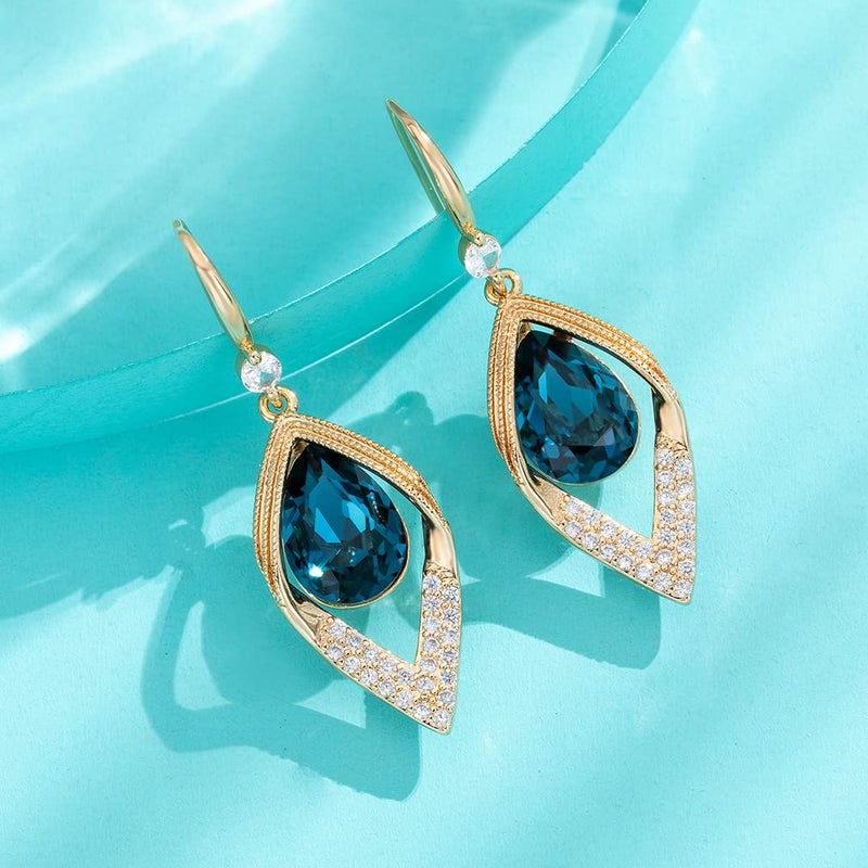 EVEVIC Austrian Crystal Teardrop Hollow Leaf Drop Dangle Earrings for Women 14K Rose Gold Plated Hypoallergenic Jewelry (Dark Blue) - Image 5