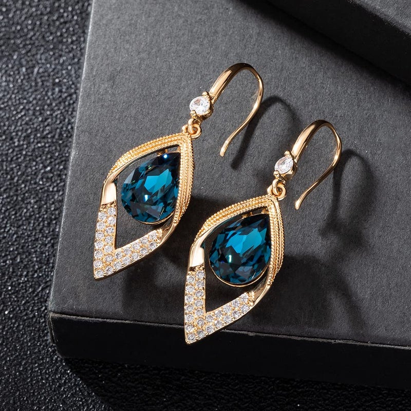 EVEVIC Austrian Crystal Teardrop Hollow Leaf Drop Dangle Earrings for Women 14K Rose Gold Plated Hypoallergenic Jewelry (Dark Blue) - Image 3
