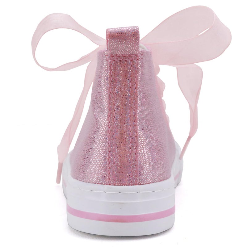 Toandon Little Girls Kids Sneakers Glitter Canvas Walking Shoes Sparkly High Top Child Lace Up Ribbon Lightweight flexiable Breathable School Party Non Slip Pink Size 1 - Image 4