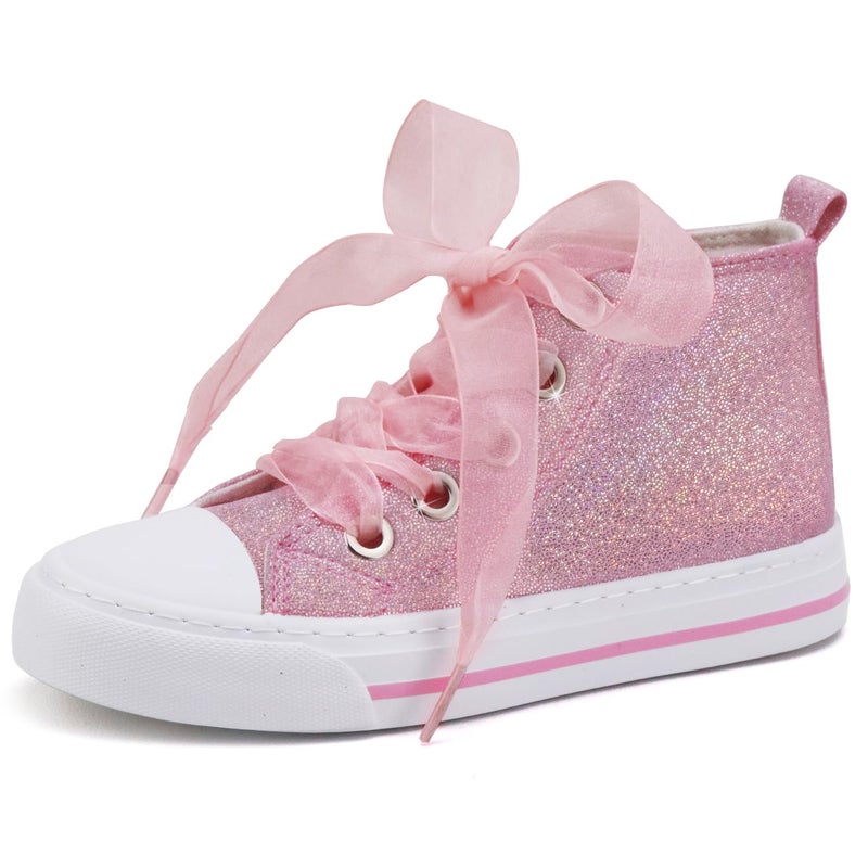 Toandon Little Girls Kids Sneakers Glitter Canvas Walking Shoes Sparkly High Top Child Lace Up Ribbon Lightweight flexiable Breathable School Party Non Slip Pink Size 1 - Image 1