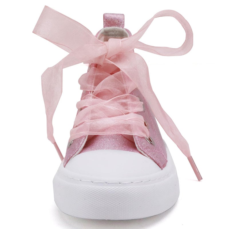Toandon Little Girls Kids Sneakers Glitter Canvas Walking Shoes Sparkly High Top Child Lace Up Ribbon Lightweight flexiable Breathable School Party Non Slip Pink Size 1 - Image 2
