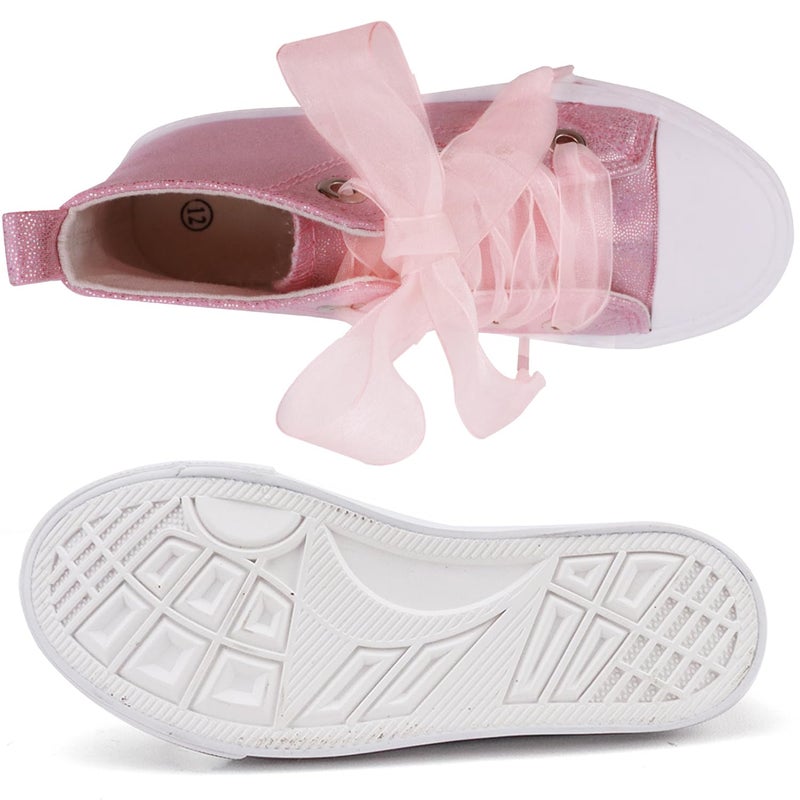 Toandon Little Girls Kids Sneakers Glitter Canvas Walking Shoes Sparkly High Top Child Lace Up Ribbon Lightweight flexiable Breathable School Party Non Slip Pink Size 1 - Image 5