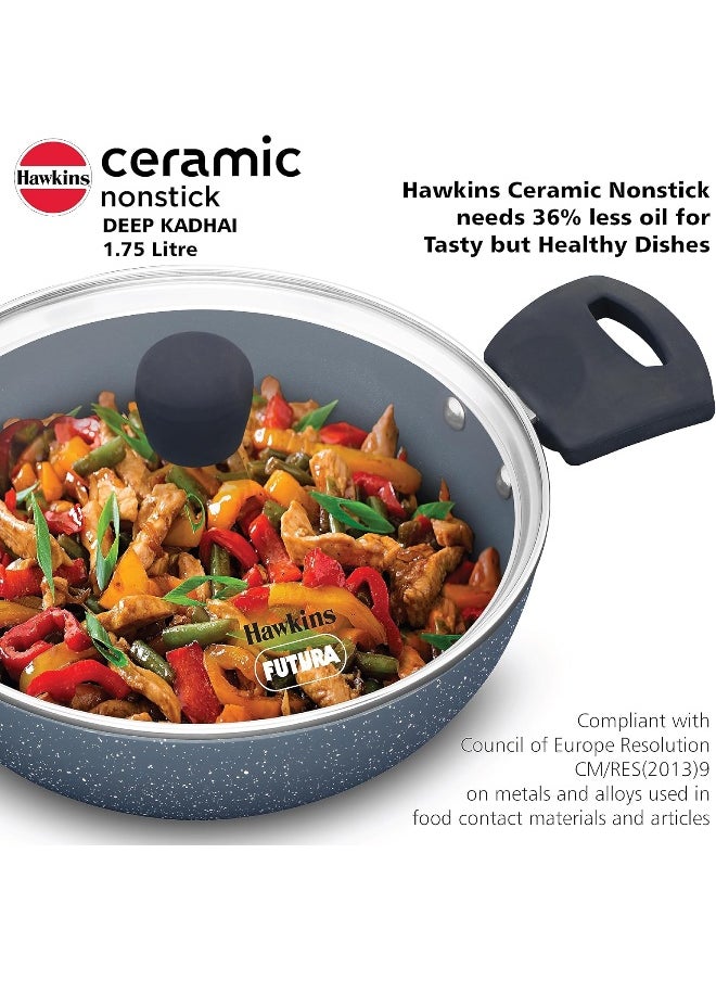 Hawkins - 1.75 Liter Ceramic Nonstick Deep Kadhai Rubber Frying Pan With Glass Lid,Induction Compatible,Grey - Image 1
