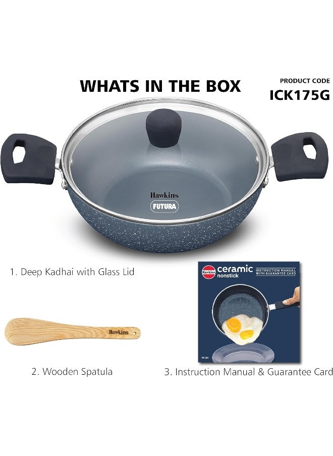 Hawkins - 1.75 Liter Ceramic Nonstick Deep Kadhai Rubber Frying Pan With Glass Lid,Induction Compatible,Grey - Image 1