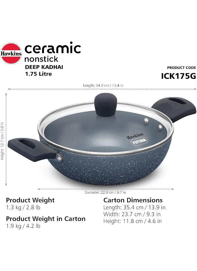 Hawkins - 1.75 Liter Ceramic Nonstick Deep Kadhai Rubber Frying Pan With Glass Lid,Induction Compatible,Grey - Image 1