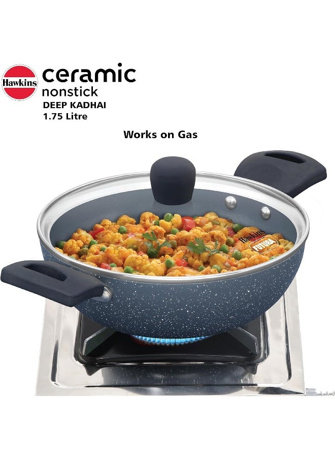 Hawkins - 1.75 Liter Ceramic Nonstick Deep Kadhai Rubber Frying Pan With Glass Lid,Induction Compatible,Grey - Image 1