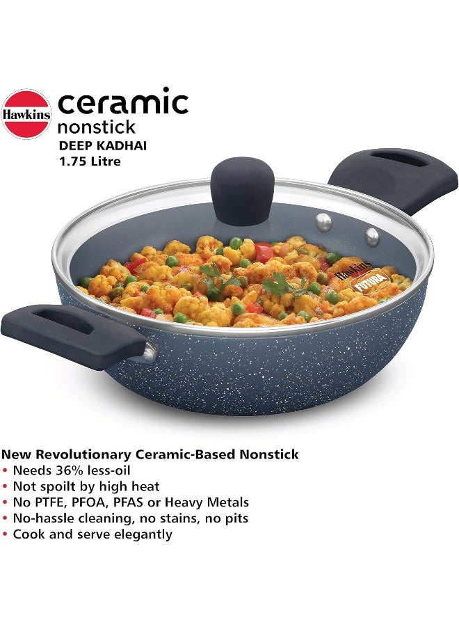 Hawkins - 1.75 Liter Ceramic Nonstick Deep Kadhai Rubber Frying Pan With Glass Lid,Induction Compatible,Grey - Image 1