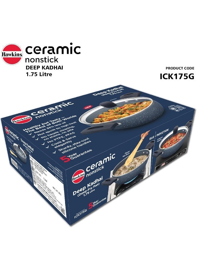 Hawkins - 1.75 Liter Ceramic Nonstick Deep Kadhai Rubber Frying Pan With Glass Lid,Induction Compatible,Grey - Image 1
