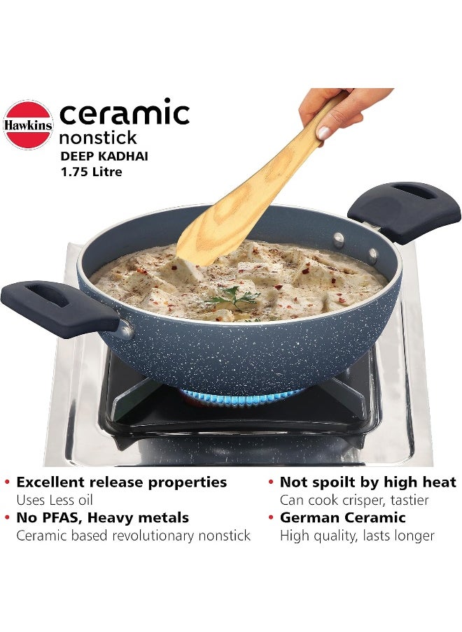 Hawkins - 1.75 Liter Ceramic Nonstick Deep Kadhai Rubber Frying Pan With Glass Lid,Induction Compatible,Grey - Image 1