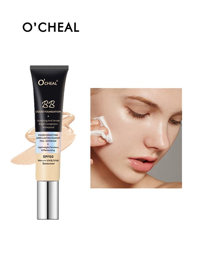 OCHEAL BB Liquid Foundation Color Correcting Long Lasting Makeup Full Coverage Lightweight, Flawless&Moisturizing Instant Age Rewind BB Cream Sunscreen SPF50PA++++ (02# Natural) - Image 1