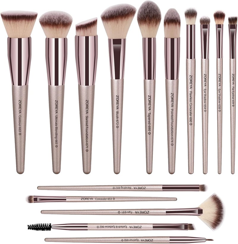 Raffaello ZOREYA Makeup Brushes, 15 Pcs Professional Premium Synthetic Brush Set, Foundation Powder Concealers Eye shadows Blush Makeup Brush Set (Champagne Gold) - Image 1