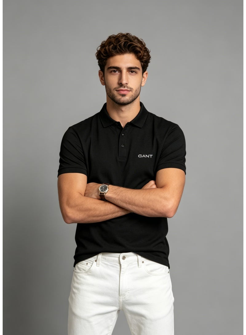 GANT Men's Short Sleeve Solid Polo Shirt, Regular Fit, Smart Casual & Evening Wear, Black - Image 4