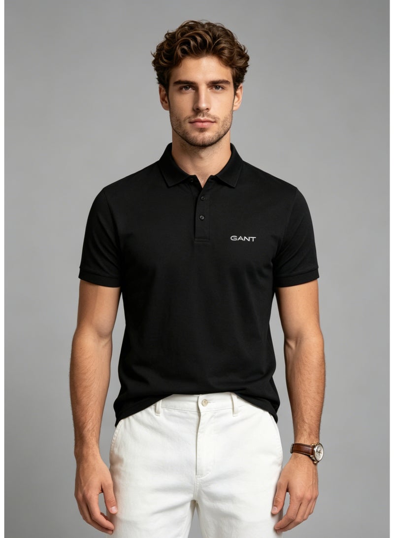 GANT Men's Short Sleeve Solid Polo Shirt, Regular Fit, Smart Casual & Evening Wear, Black - Image 2