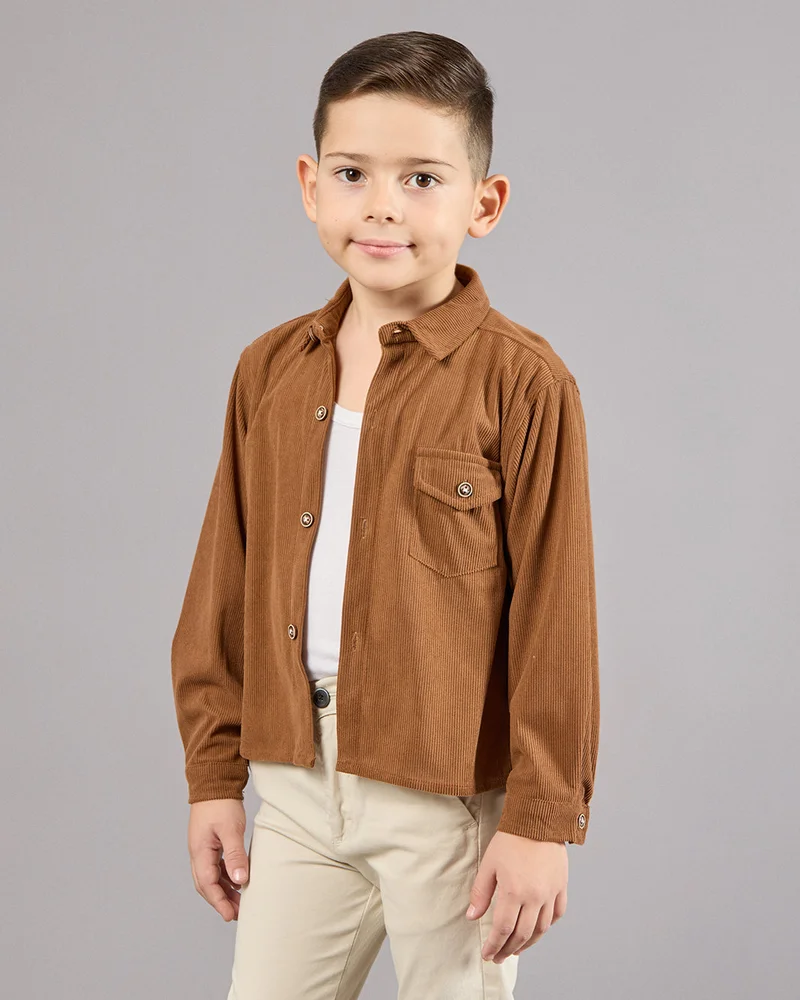 Redtag Boys Brown Casual Shirt Front Button With Pocket