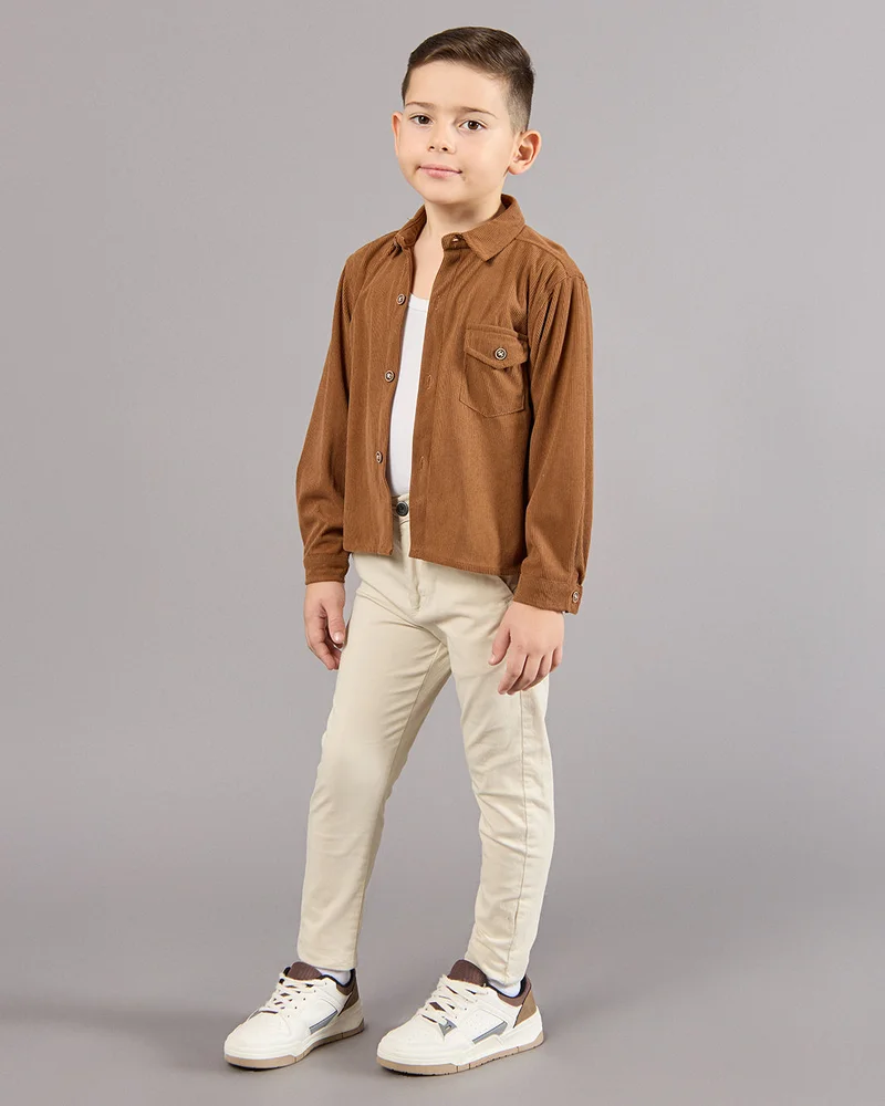 Redtag Boys Brown Casual Shirt Front Button With Pocket