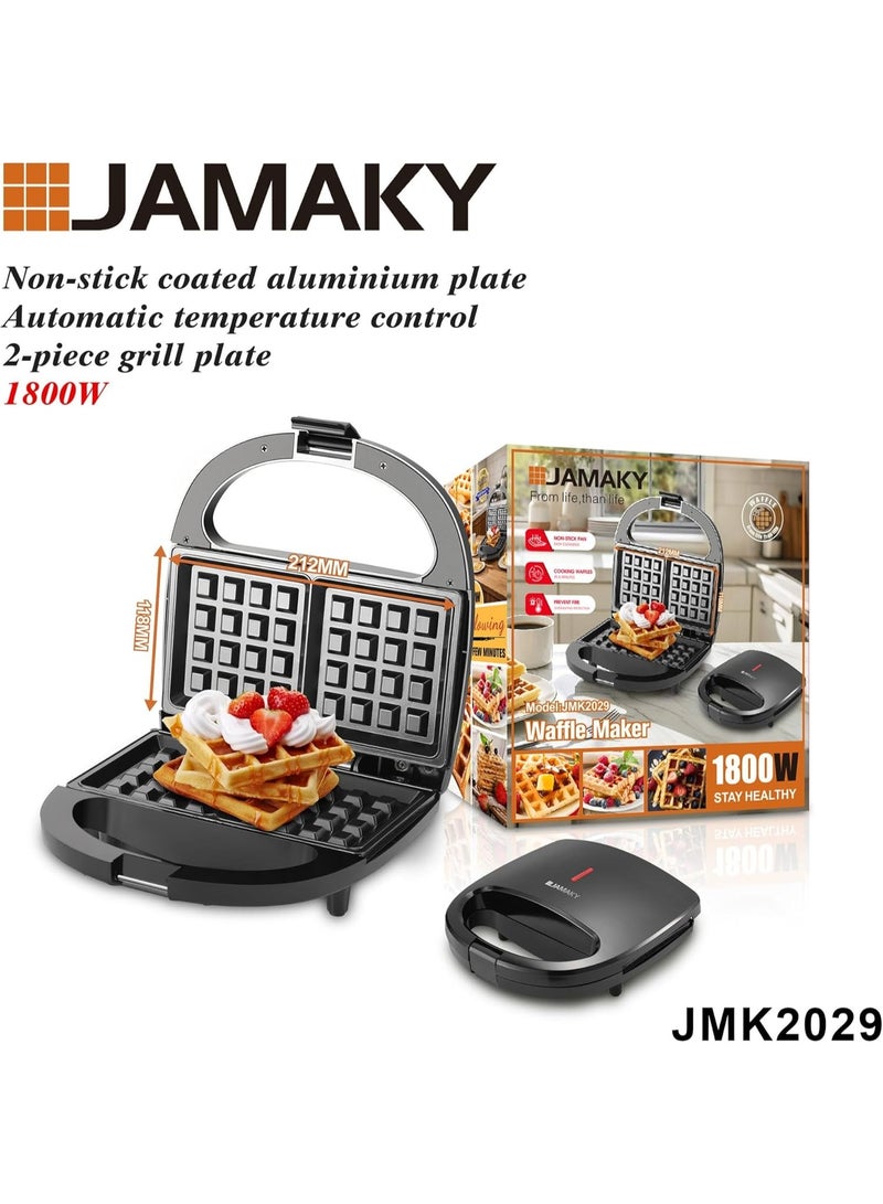 JAMAKY Waffle Maker, 1800W, Non-stick Aluminium Plates, Automatic Temperature Control, 2 Grill Plates, Black JMK2029 - Image 1