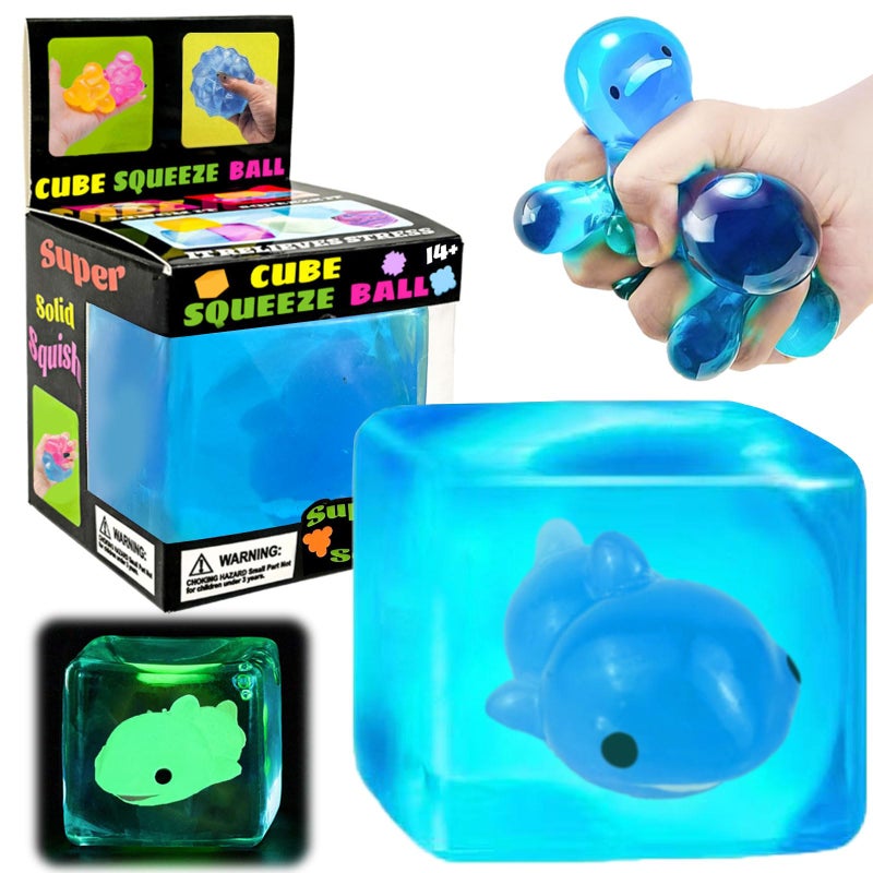 YVBBHE Blue Squeeze Cube with Luminous Dolphin InsideSquishy Stress Fidget Gummy Toys Glow in The Dark Animal Maltose Sensory Toys for Kids Autism Stress Balls for Anxiety Stress Relief - Image 3