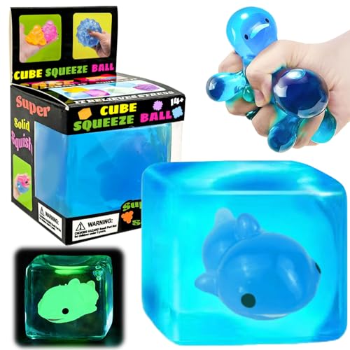 YVBBHE Blue Squeeze Cube with Luminous Dolphin InsideSquishy Stress Fidget Gummy Toys Glow in The Dark Animal Maltose Sensory Toys for Kids Autism Stress Balls for Anxiety Stress Relief - Image 1