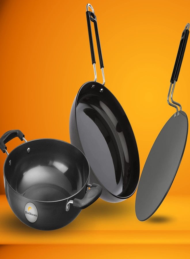 Flixbloom Winsome Collections Combo Kitchen Induction Base cookware Sets Pack of 3 Hard Anodised Cooking Set Include (Kadai, Tawa, Frying Pan) Black (1.2 Litre (Kadai, Fry Pan) Tawa) - Image 1