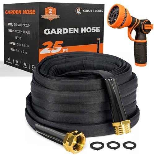 Giraffe Tools Garden Hose 25FT Lightweight Lay Flat Water Hose Kink Free Flexible Hose with 9 Spray Function Nozzle（Black） - Image 1