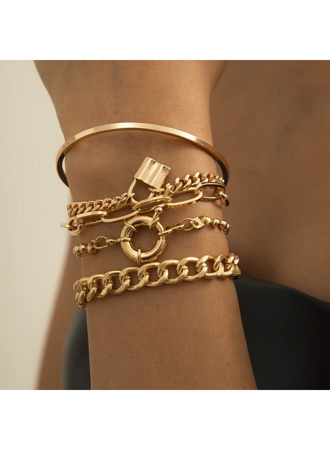 Rumtock Gold Chunky Chain Hand Accessories Paperclip Link Lock Pendant Adjustable Bracelet Stackable Cuff For Women Teen Girs Party Jewelry Set (Gold)  - Image 2