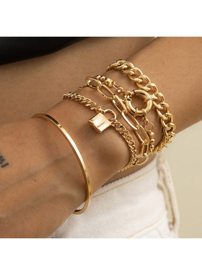 Rumtock Gold Chunky Chain Hand Accessories Paperclip Link Lock Pendant Adjustable Bracelet Stackable Cuff For Women Teen Girs Party Jewelry Set (Gold)  - Image 3