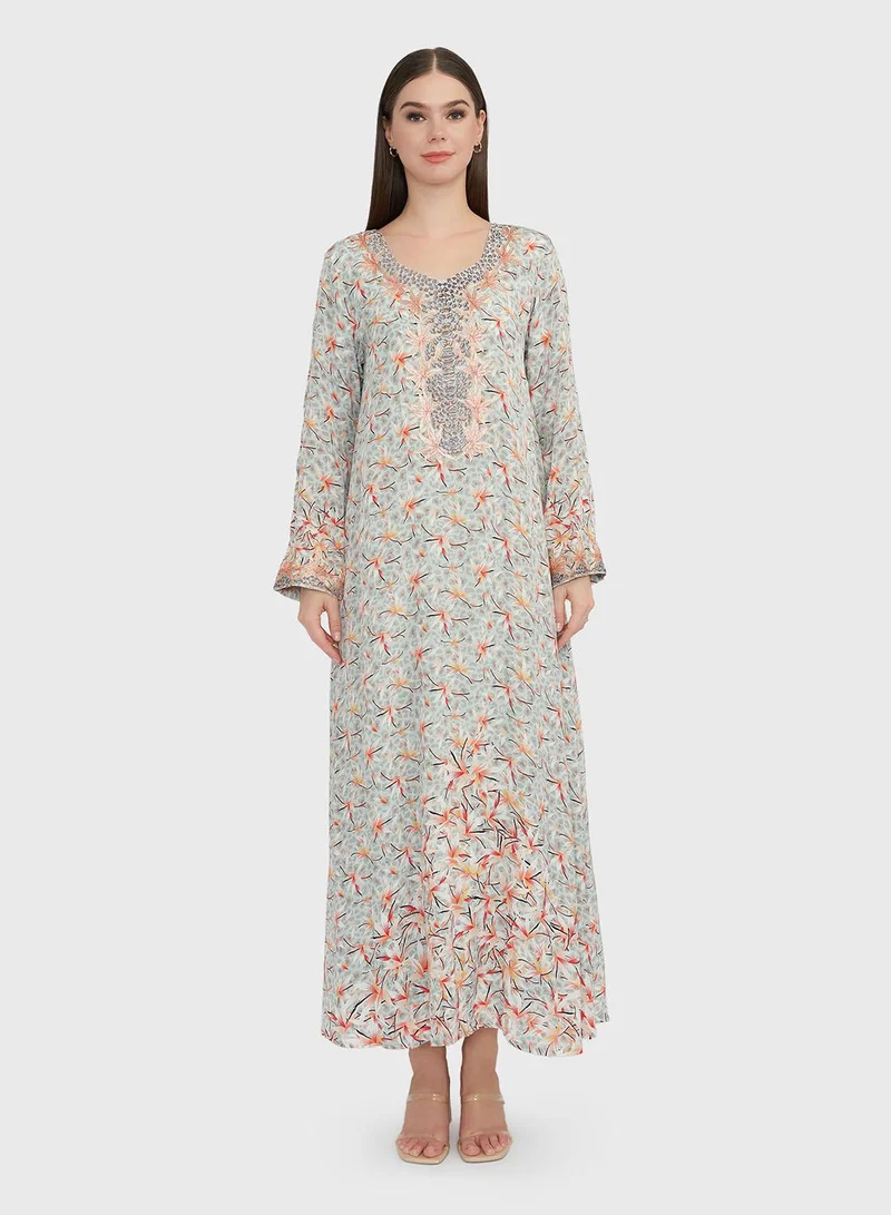 KASHKHA Grey Floral Print Jalabiya with Stonework (VG2894)