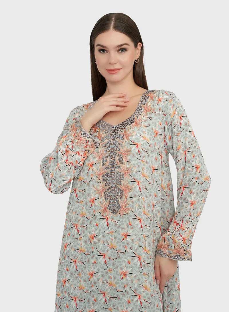 KASHKHA Grey Floral Print Jalabiya with Stonework (VG2894)