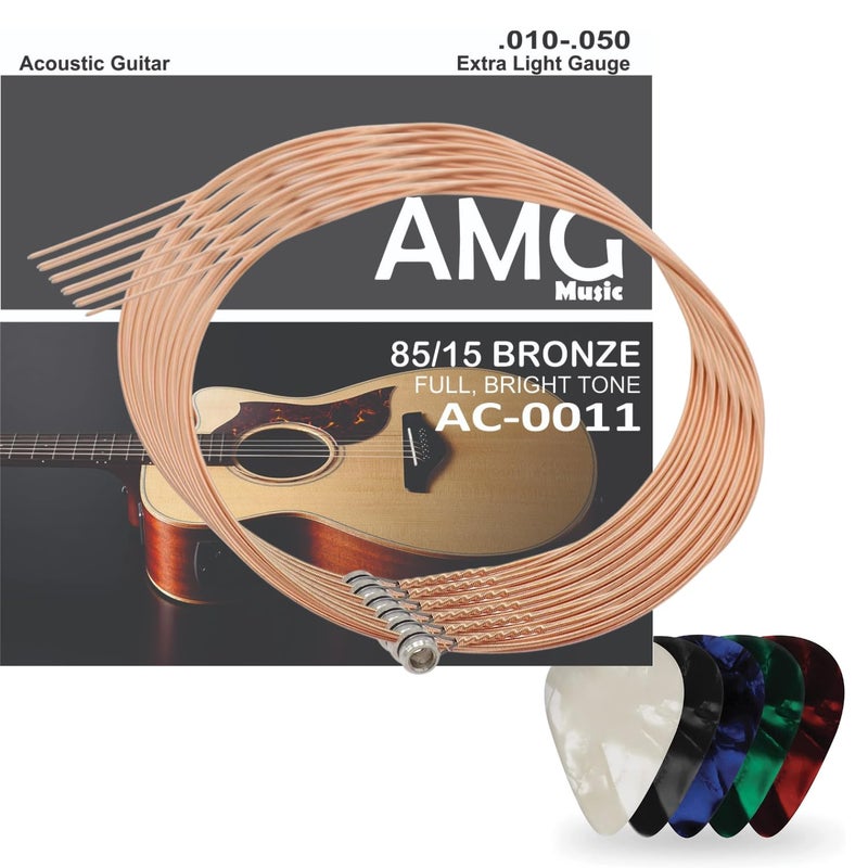 Mocking Bird G-3rd Acoustic Guitar Strings 0.22 Gauge Stainless Steel & Bronze G-3rd String with Hallow Ball End 3rd Guitar String Replacement String with 5 Picks (Pack of 6) - Image 1