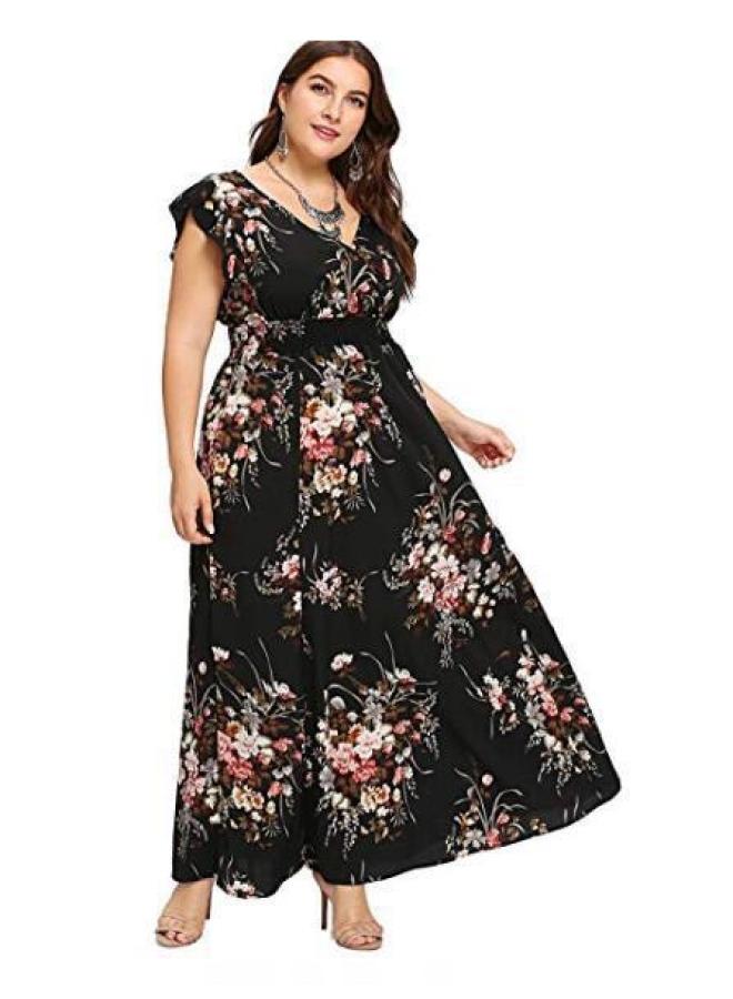 New European And American Large Size Women's Dress Chiffon Elastic Waist Lotus Leaf Sleeve Printed Spring And Summer Large Swing Dress 