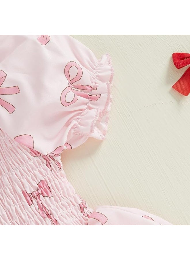 DOOKOO Baby Girl Outfit, Short Sleeve Square Neck Smocked Bow Print Bubble Romper Dress, Infant Newborn Girls Clothes for Spring & Summer - Image 2
