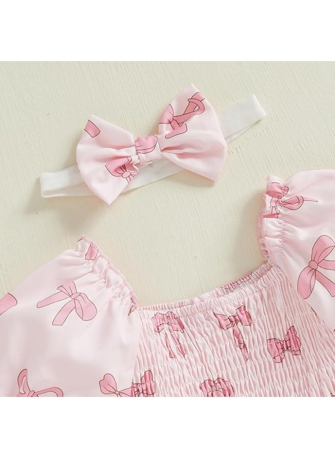 DOOKOO Baby Girl Outfit, Short Sleeve Square Neck Smocked Bow Print Bubble Romper Dress, Infant Newborn Girls Clothes for Spring & Summer - Image 3