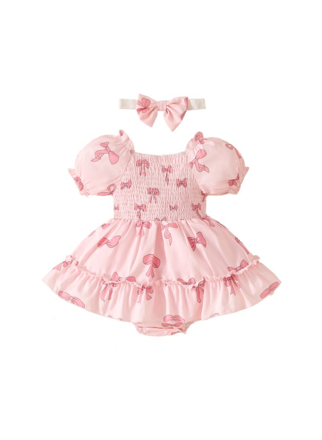DOOKOO Baby Girl Outfit, Short Sleeve Square Neck Smocked Bow Print Bubble Romper Dress, Infant Newborn Girls Clothes for Spring & Summer - Image 1