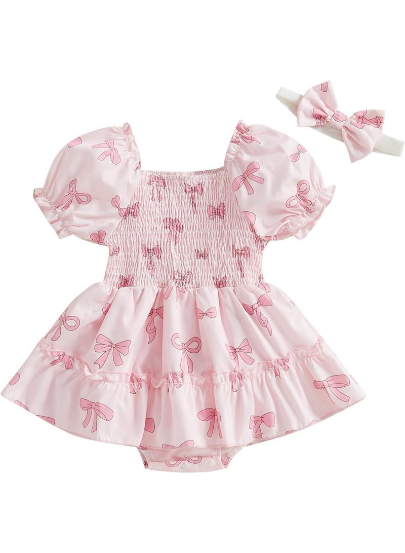 DOOKOO Baby Girl Outfit, Short Sleeve Square Neck Smocked Bow Print Bubble Romper Dress, Infant Newborn Girls Clothes for Spring & Summer - Image 5