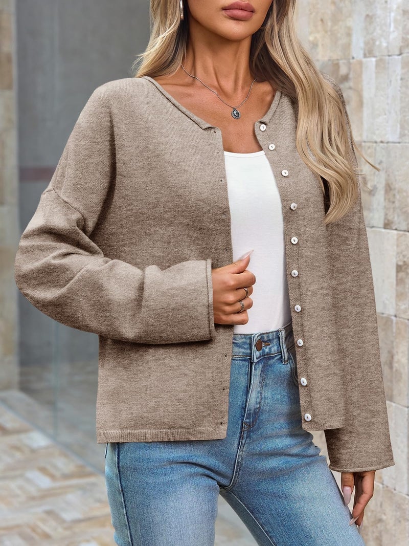 Saodimallsu Womens Button Up Cardigan Sweaters Long Sleeve Crew Neck Fall Soft Lightweight Knit Loose Sweater Tops Dark Khaki - Image 5