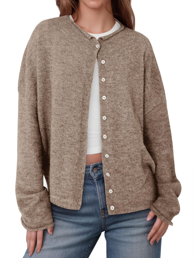 Saodimallsu Womens Button Up Cardigan Sweaters Long Sleeve Crew Neck Fall Soft Lightweight Knit Loose Sweater Tops Dark Khaki - Image 1