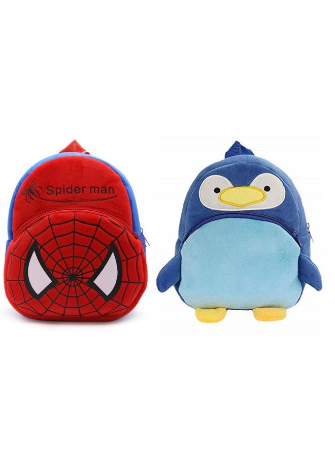 blue tree Kid's Soft Velvet Cartoon School Plush Combo Backpack,Mini Bag,Travel Bag for Baby Boy/Girl (Spiderman & Penguin) - Image 1