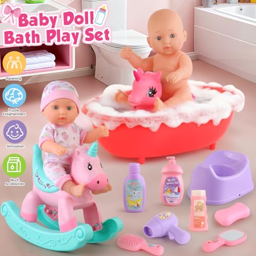 YIYBM Baby Doll Bath Toys Set with Bathtub 11 Baby Dolls Rocking ChairSwimming Ring 2 Sets Baby Dolls Clothes and 15 PCS Doll AccessoriesPerfect Pretend Play Toddler Toy Gift for Girls Aged 3 4 5 6 - Image 5
