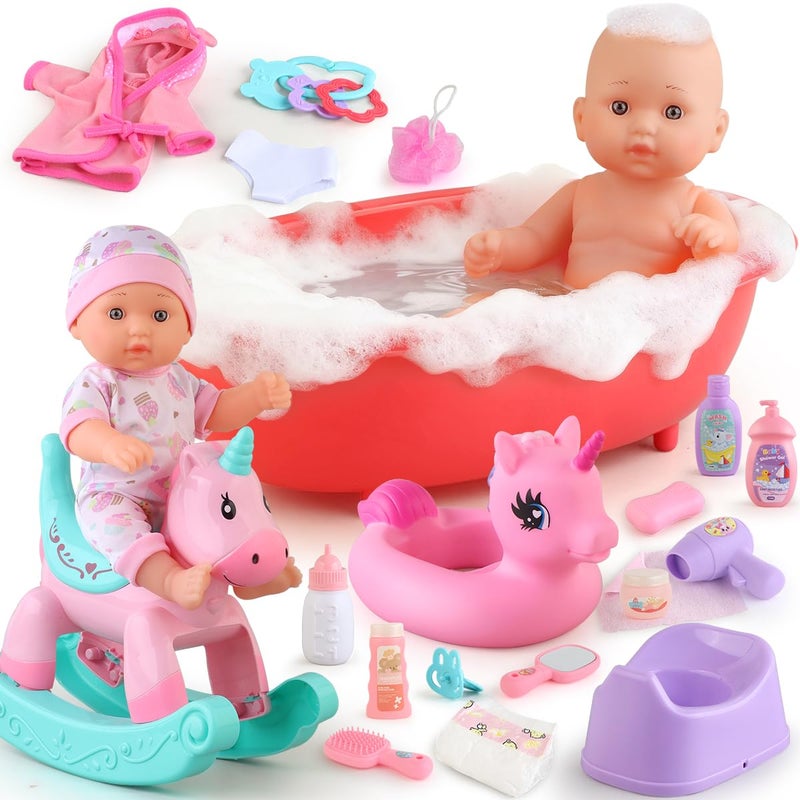 YIYBM Baby Doll Bath Toys Set with Bathtub 11 Baby Dolls Rocking ChairSwimming Ring 2 Sets Baby Dolls Clothes and 15 PCS Doll AccessoriesPerfect Pretend Play Toddler Toy Gift for Girls Aged 3 4 5 6 - Image 3