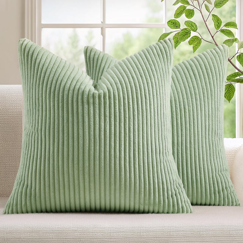 Mecatny Corduroy Decorative Throw Pillow Covers 20x20 Set of 2 for Sofa Bedroom Living Room, Stylish Soft Couch Pillow Covers for Home Decor, Sage Green - Image 1