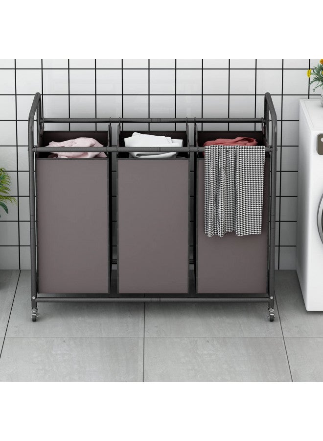 LINZINAR 3-Bag Laundry Sorter,Laundry Hamper Cart with Heavy Duty Rolling Lockable Wheels and Removable Bags (Brown) - Image 1