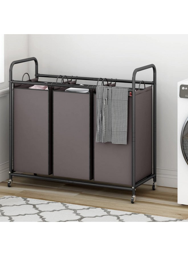 LINZINAR 3-Bag Laundry Sorter,Laundry Hamper Cart with Heavy Duty Rolling Lockable Wheels and Removable Bags (Brown) - Image 3